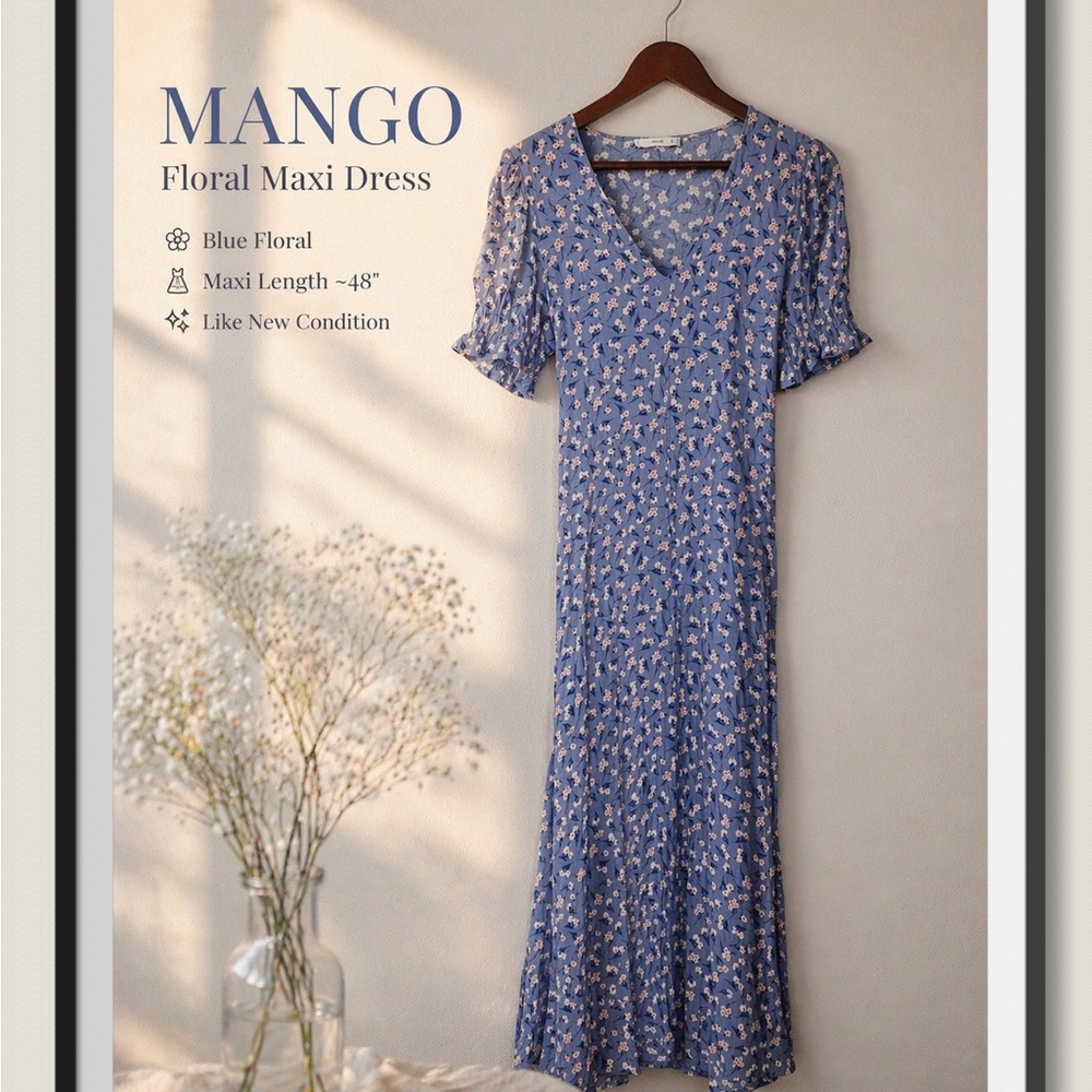 Mango Blue Floral Maxi Dress – 48” Long – Boho Cottagecore – Flowy – Like New